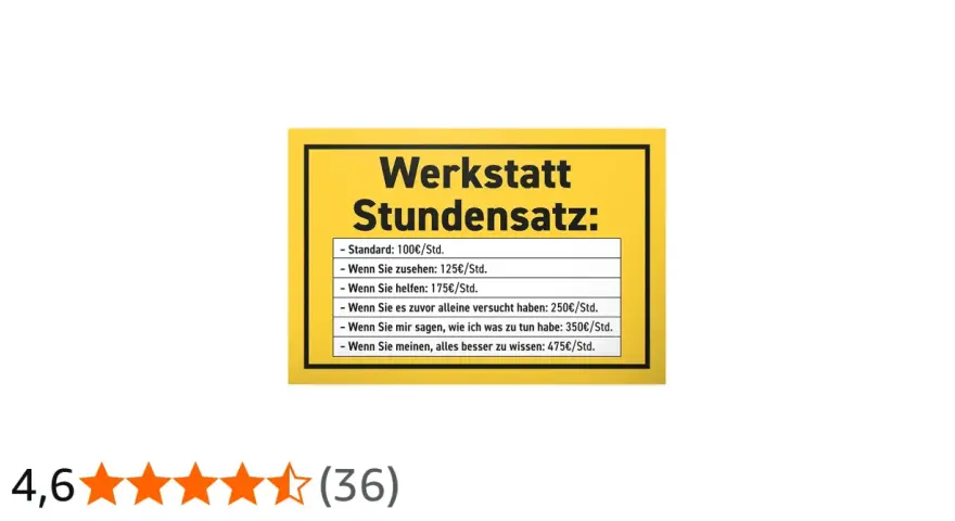 Werkstatt Stundensatz: von 100€ bis 475€/Std., je nach Mithilfe oder Ratschlägen.