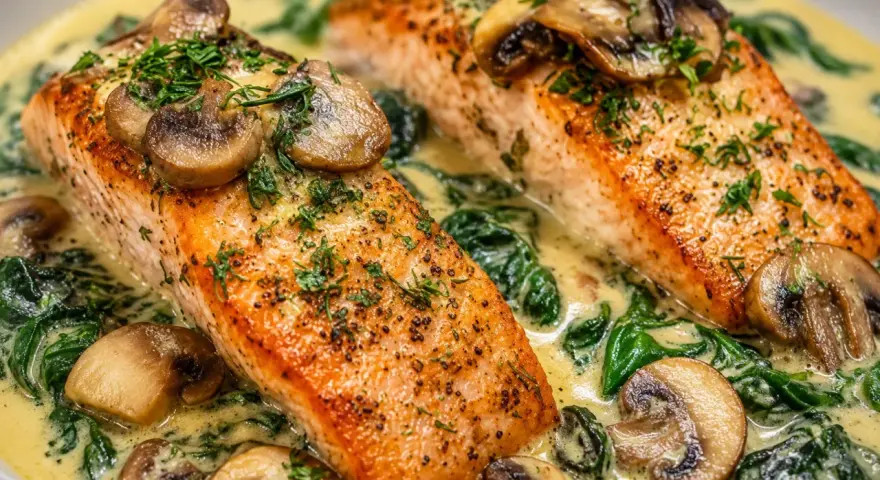 Två saftiga laxfiléer serveras i en krämig sås med spenat och champinjoner. En härlig fiskgryta med potatis som tillbehör.
