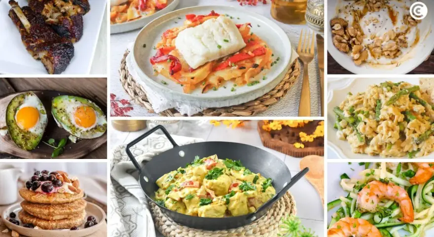 Variedad de platillos para dieta cetogenica menus: costillas, pescado, aguacate con huevo, yogur con frutos secos, revuelto de espárragos, curry y ensalada de camarones con calabacín.