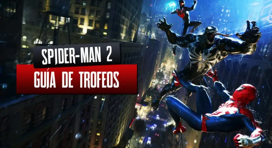 Spider-Man 2: Guía de Trofeos. Venom y Miles Morales luchan contra Spider-Man en la ciudad, buscando trofeos ocultos.