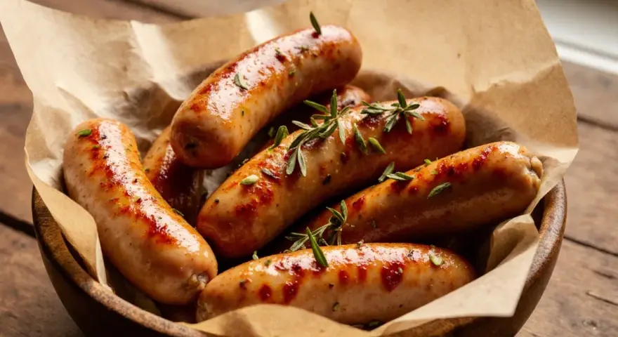 Saftige bratwurst im airfryer, goldbraun und mit Rosmarin garniert, serviert in einer Holzschale auf rustikalem Untergrund.