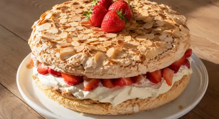 En Pinocchiotårta med lemoncurd, vispgrädde och färska jordgubbar, toppad med mandelspån.