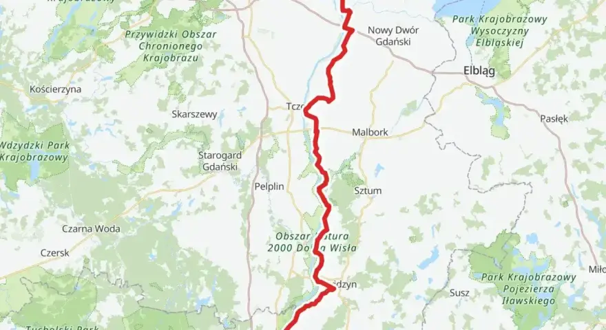 Mapa z zaznaczonymi trasami rowerowymi Wisła, od Gdańska przez Malbork po okolice Jezioraka.