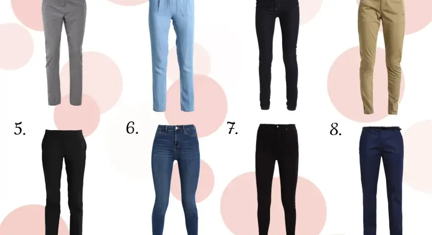 Osiem par spodni: szare w kratkę, błękitne jeansy, czarne rurki, beżowe chinosy, czarne eleganckie, niebieskie jeansy, czarne skinny, granatowe. Jaki to rozmiar?