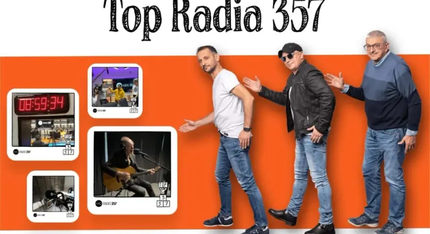 Trzech mężczyzn idzie w rytm muzyki, a obok nich widnieje napis "Top Radia 357".
