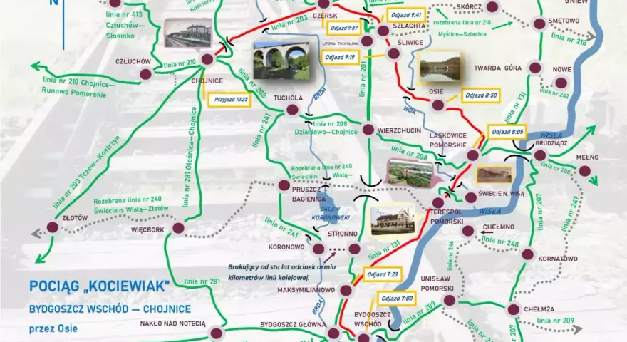 Mapa kolejowa z trasą pociągu "Kociewiak" Bydgoszcz Wschód - Chojnice przez Osie. Widoczne stacje i linie kolejowe.