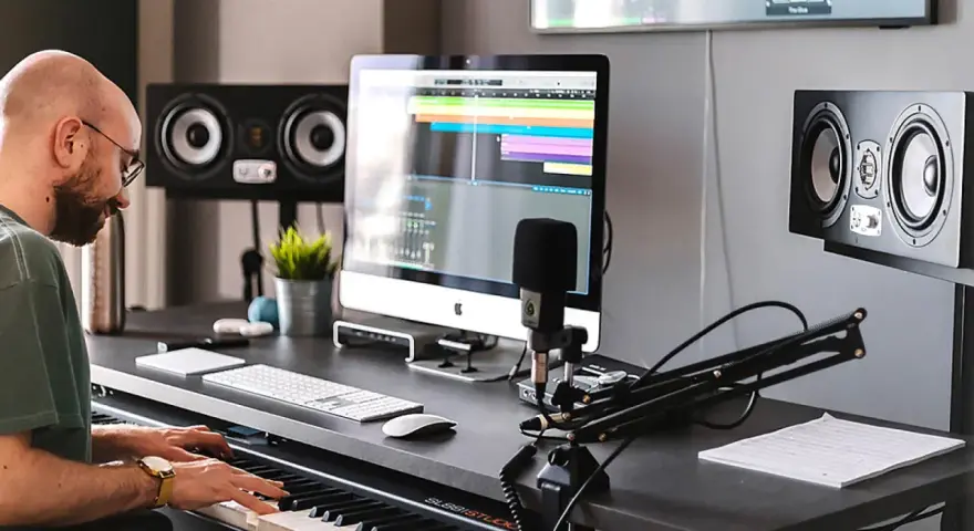 Producent muzyczny gra na pianinie w studiu, otoczony sprzętem, w tym monitorami studyjnymi EVE Audio SC307.