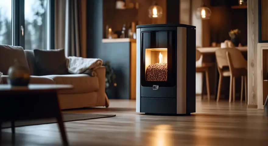 Stufa a pellet moderna in un soggiorno accogliente, pronta per la pulizia e per riscaldare l'ambiente.