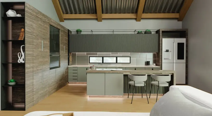 Cocinas modernas con tonos verdes y madera, un diseño elegante y funcional.