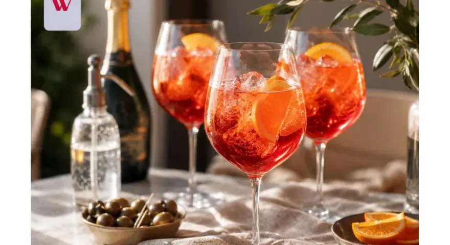Idealny Campari Spritz przepis na letnie popołudnie. Trzy kieliszki pełne orzeźwiającego drinka z pomarańczą i lodem.