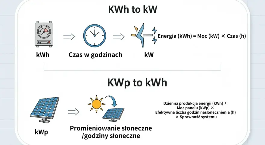Schemat wyjaśnia przeliczanie jednostek energii i mocy dla instalacji fotowoltaicznej: kWh na kW oraz kWp na kWh.