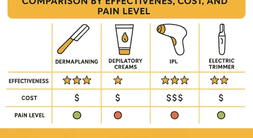 Comparing facial hair removal alternatives to laser: Dermaplaning, depilatory creams, IPL, and electric trimmers, rated by effectiveness, cost, and pain.