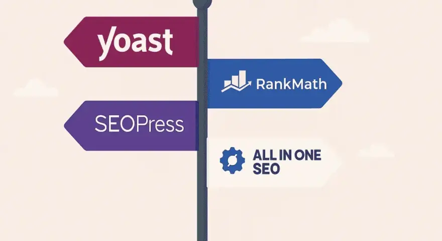 Panneau directionnel présentant les options pour le meilleur plugin SEO WordPress : Yoast, SEOPress, RankMath et All in One SEO.