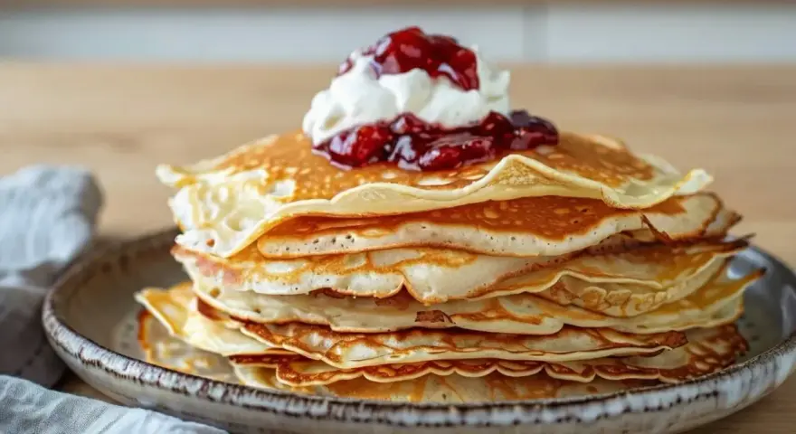 En hög med fluffiga svenska pannkakor toppas med vispad grädde och sylt. Perfekt för en mysig fika.