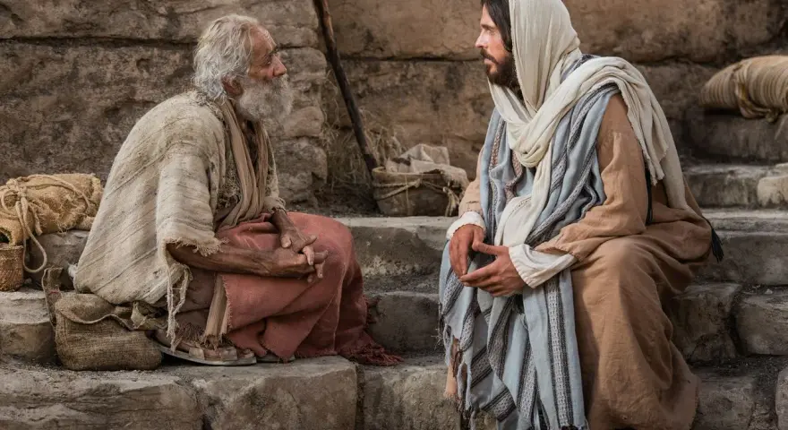 Jesus Christus im Gespräch mit einem älteren Mann auf Steinstufen.