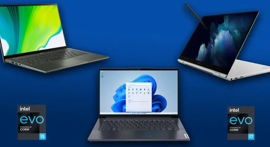Drei Laptops mit Intel Evo-Logo, einer mit i5 und einer mit i7 Prozessor.