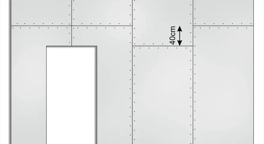 Schemat ściany z podwójnym płytowaniem gk, z zaznaczonym otworem drzwiowym i wymiarem 40cm.