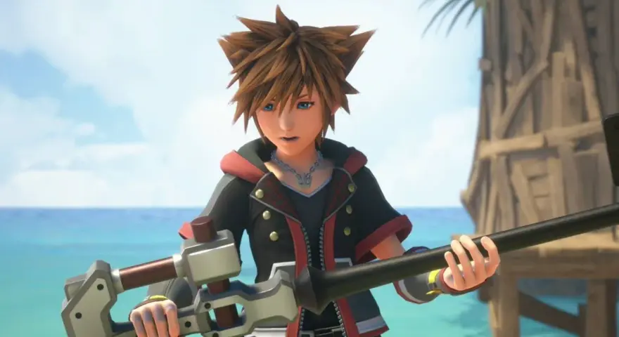 Sora, protagonista de la guía Kingdom Hearts 3, sostiene su Keyblade en una playa tropical.