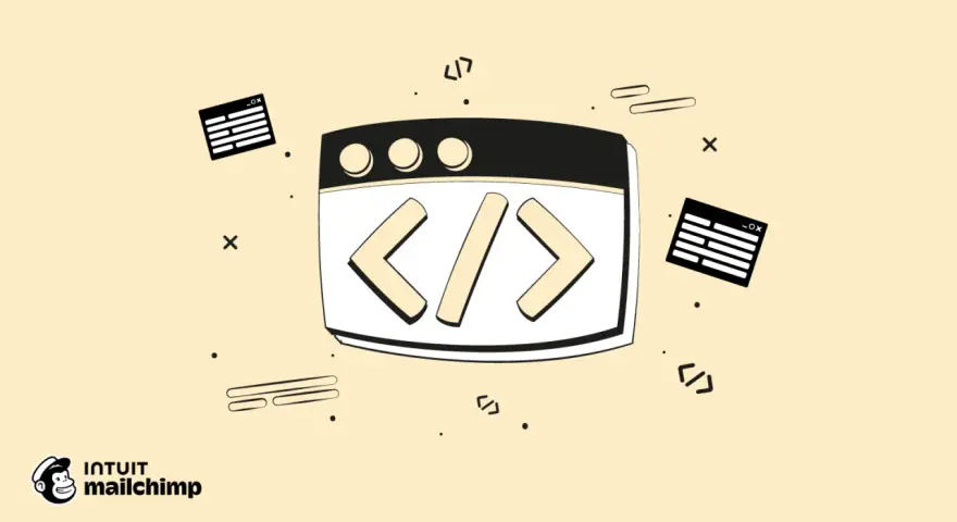 Webseite mit HTML-Tags und Code-Symbolen.