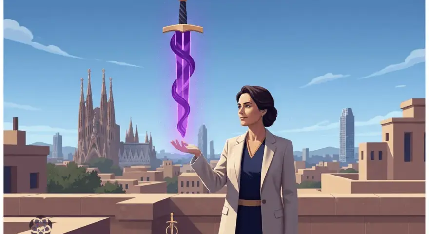 Una mujer con un traje beige levanta su mano, invocando un brillante as de espadas morado sobre un tejado con la Sagrada Familia al fondo.