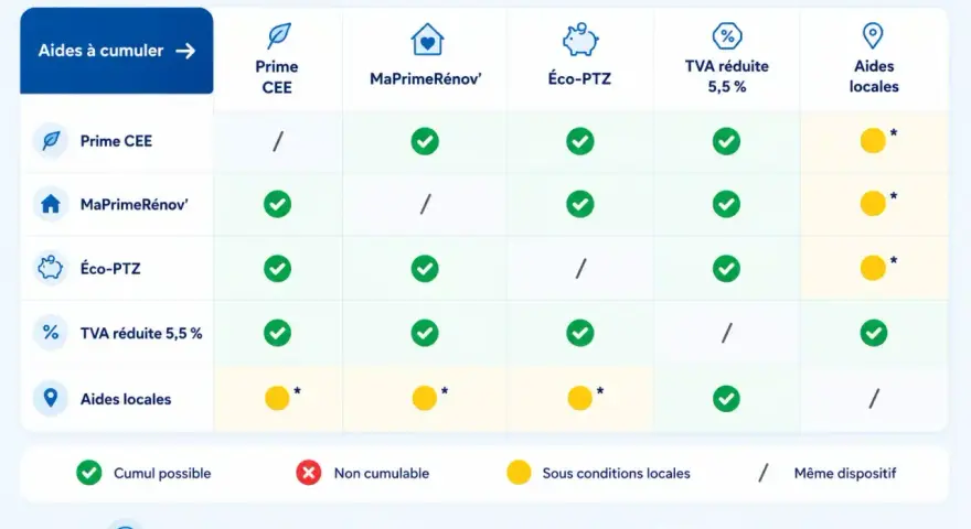 Tableau comparatif des aides cumulables avec les CEE, MaPrimeRénov', Éco-PTZ, TVA réduite et aides locales.