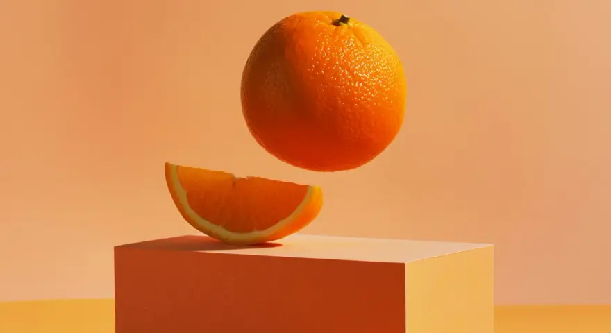 Pomarańcze na keto – soczysty plasterek na pomarańczowym sześcianie, a nad nim lewitująca cała pomarańcza.
