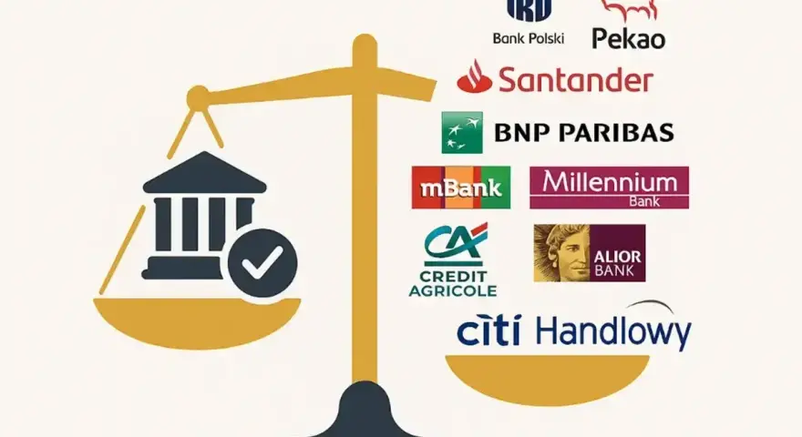 Waga symbolizująca wybór najlepszych kont bankowych, z logotypami banków po prawej stronie.