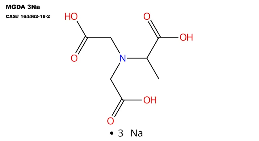 Struttura chimica del trisodium ethylenediamine disuccinate (MGDA 3Na), un agente chelante.