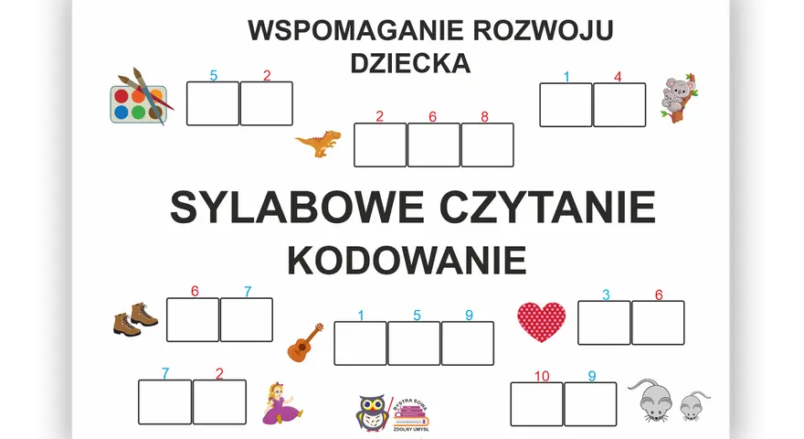 Pomoc w nauce czytania metodą sylabową. Dziecko koduje obrazki, dopasowując sylaby do pól.