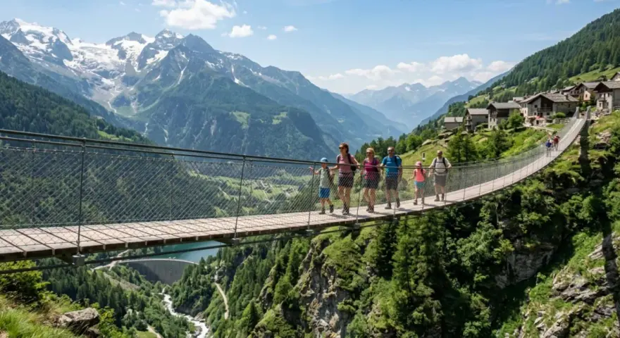 Famiglia attraversa un suggestivo ponte tibetano in Lombardia, con montagne innevate e un villaggio alpino sullo sfondo.