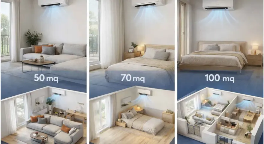 Unità split per climatizzare ambienti da 50, 70 e 100 mq. Raffreddamento efficace in soggiorno, camera da letto e appartamenti.