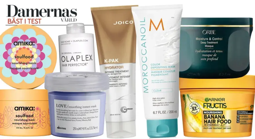 Här är en samling av olika hårinpackningar, inklusive Amika, Olaplex, Joico, Moroccanoil, Oribe och Garnier Fructis. En bra hårinpackning för alla hårtyper.