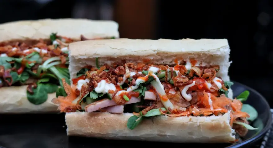 Zwei appetitliche Banh Mi Sandwiches mit Fleisch, Gemüse, knusprigen Zwiebeln und Saucen auf einem Teller.