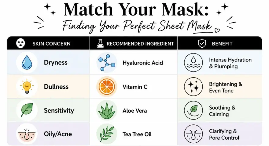 Chart showing facial mask benefits for dryness (Hyaluronic Acid for hydration), dullness (Vitamin C for brightening), sensitivity (Aloe Vera for soothing), and oily/acne (Tea Tree Oil for clarifying).
