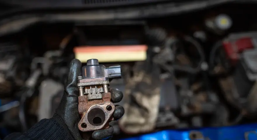 Zardzewiały zawór EGR w dłoni mechanika. Może to być przyczyna problemów z silnikiem, np. nierównej pracy.