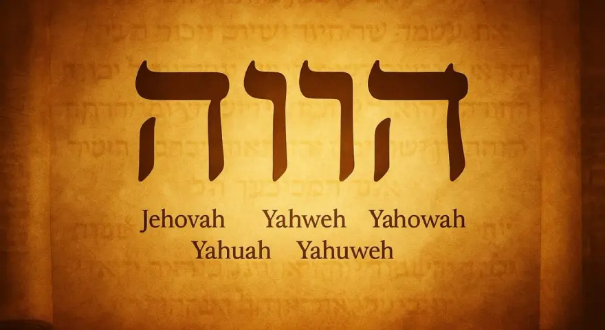 The Hebrew Tetragrammaton, representing who is Yahweh, is shown in large dark letters on a parchment background. Below, variations of the name are listed: Jehovah, Yahweh, Yahowah, Yahuah, Yahuweh.