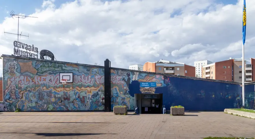 En stor vägg täckt av färgstark graffiti. En basketkorg hänger på väggen.