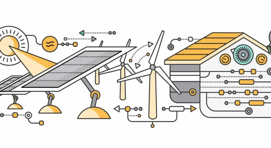 Ilustracja przedstawia schemat działania domu pasywnego: panele słoneczne i turbina wiatrowa dostarczają energię do inteligentnego budynku.