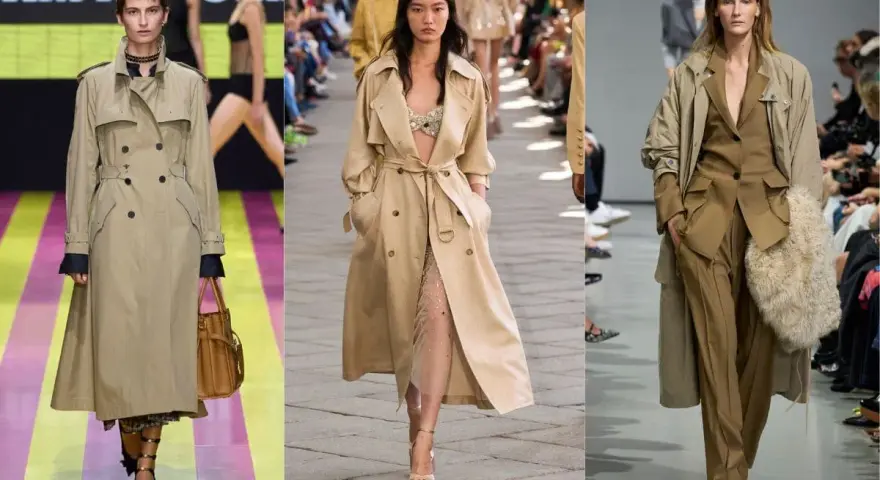 Modelle in passerella mostrano come abbinare un trench beige con abiti eleganti, casual e audaci, creando look sofisticati.
