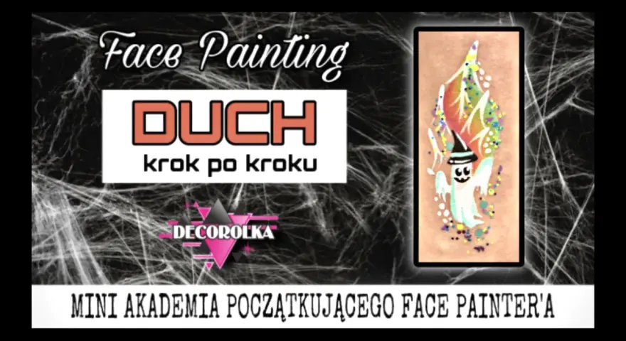 Mini Akademia Face Painting: jak narysować ducha krok po kroku. Uroczy, uśmiechnięty duch w czapce z brokatem.