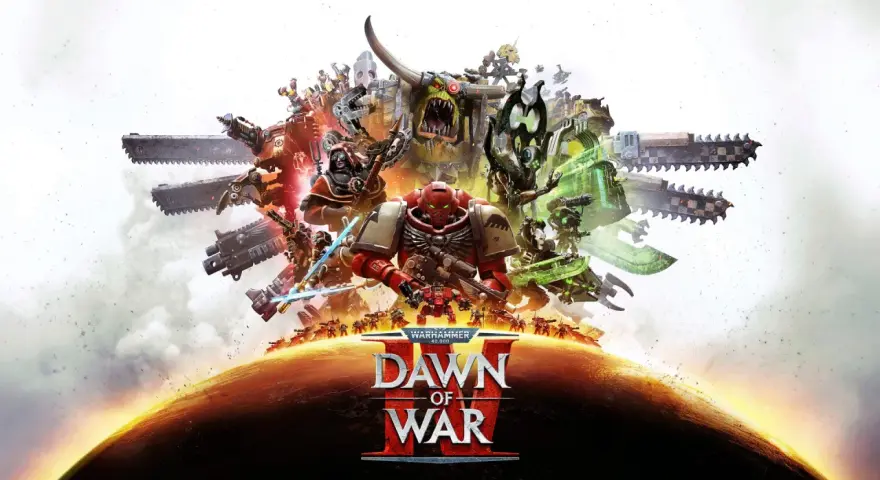 Un marine espacial rojo, un orco gigante y otras unidades de Warhammer 40,000 se alzan sobre un planeta en el arte de Dawn of War 4.