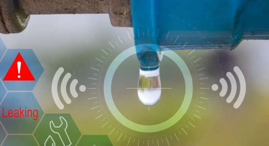 A water pipe is leaking, detected by no code IoT sensors. A warning icon and "Leaking" text are displayed.