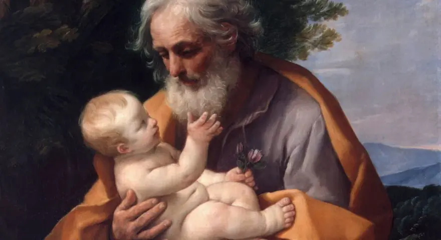 Święty Józef czule trzyma Dzieciątko Jezus, symbolizując opiekę i miłość. Obraz ten może inspirować do modlitwy do św. Józefa.