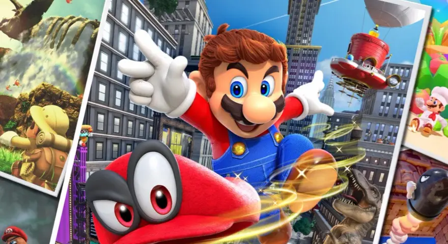 Mario salta en la ciudad, con su gorra Cappy y un dinosaurio. Un collage muestra escenas de Super Mario Odyssey, tu guía definitiva.