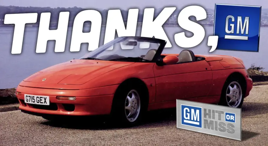 Red Lotus Elan M100 convertible sports car with "THANKS, GM" text and GM logos.