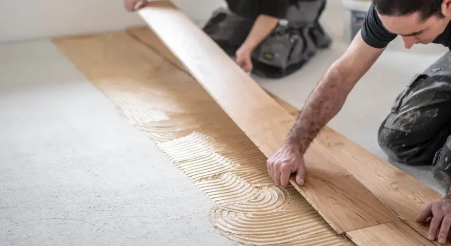 Handwerker verlegen sorgfältig Parkett auf Kleber. Die Holzbretter werden präzise nebeneinander gelegt, um ein schönes Ergebnis zu erzielen.