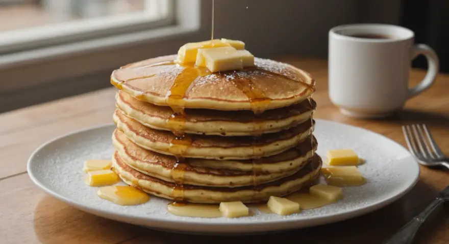 Pile de pancakes dorés arrosés de sirop et garnis de beurre, saupoudrés de sucre glace. Un délice pour le petit-déjeuner.