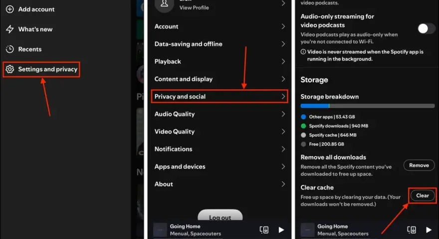 Steg-för-steg-guide för hur man tar bort en app från Spotify: Gå till Inställningar och integritet, sedan Integritet och socialt, och slutligen Rensa cache för att frigöra utrymme.