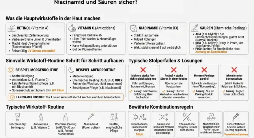Infografik erklärt, wie man Retinol, Vitamin C und Niacinamid sicher kombiniert. Zeigt Vorteile und Anwendungsregeln für eine gesunde Haut.
