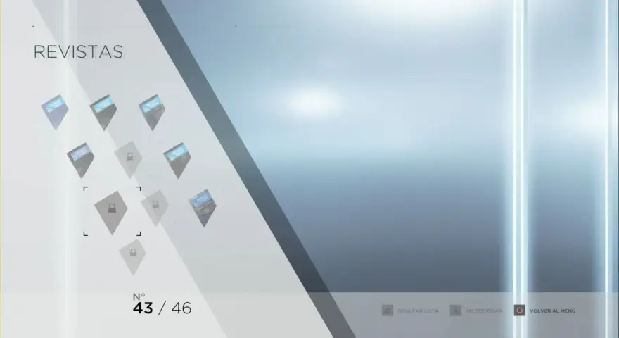Menú de revistas de Detroit: Become Human, mostrando la revista 43 de 46.
